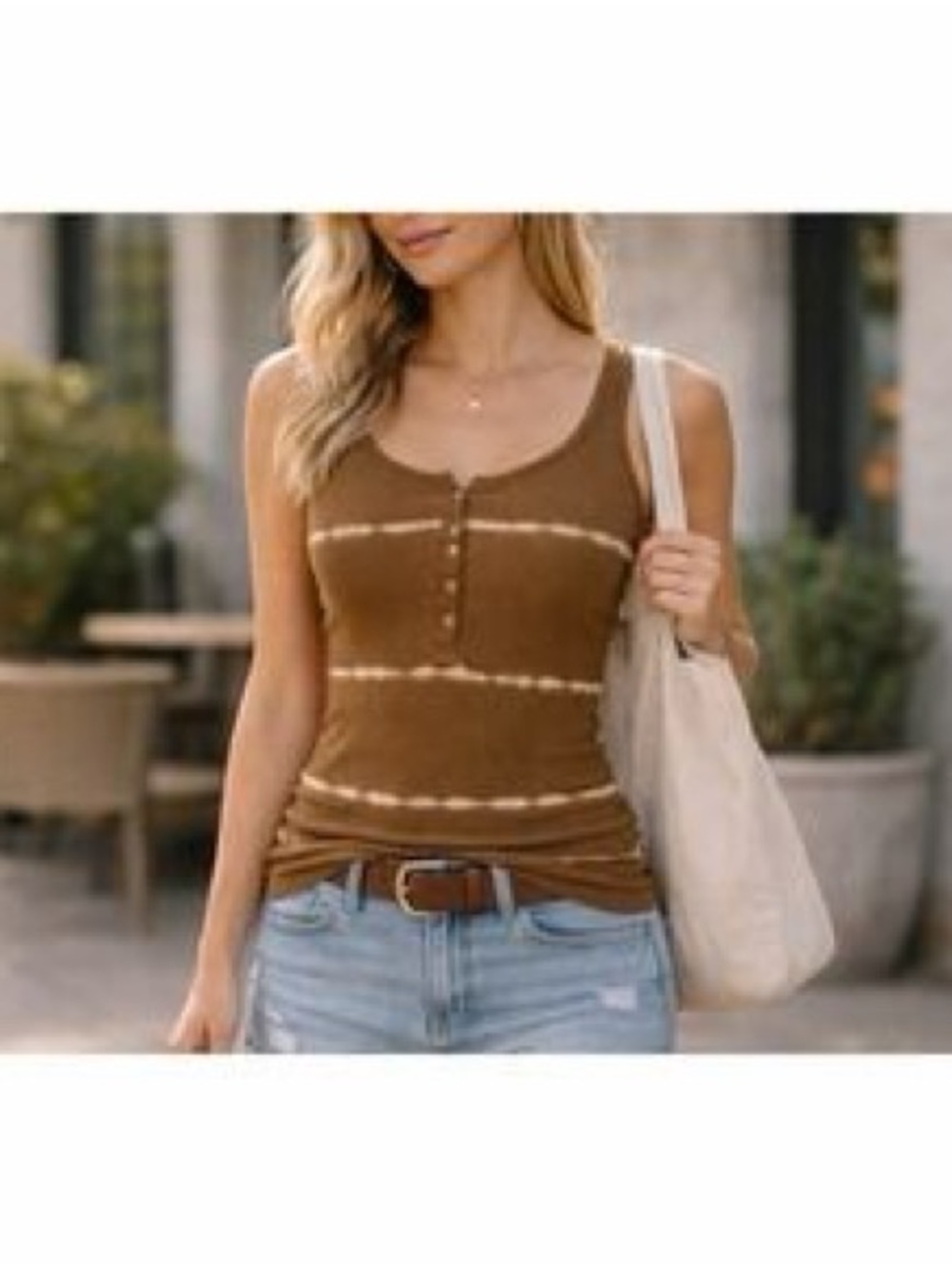 Old Navy Brown Tie-Dye Ribbed Henley Tank Top